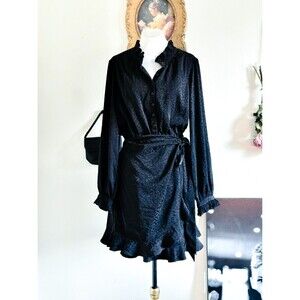 Lilly Pulitzer Black Leopard Cheetah Faux Wrap Long Sleeve Shirt Dress Mini M